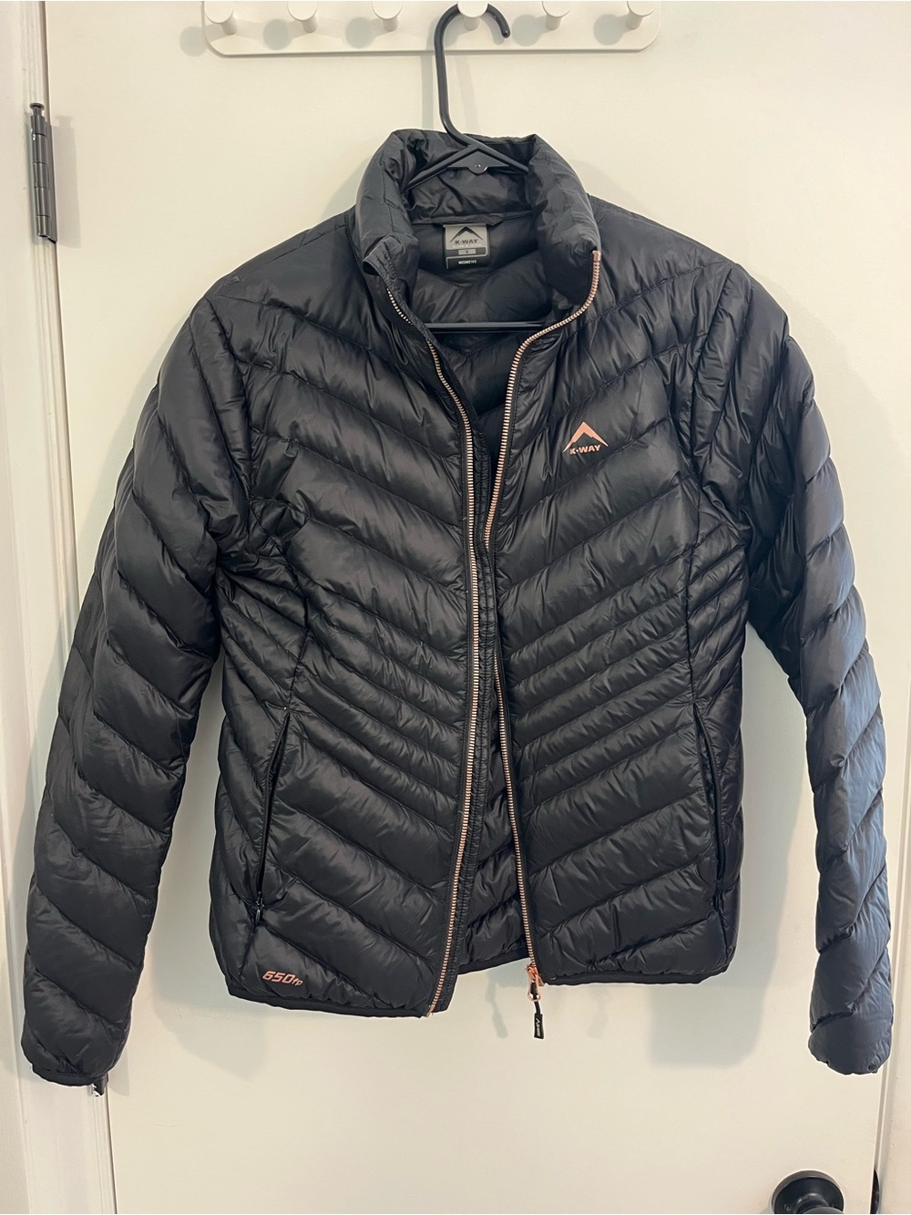 K-Way Women's Black Down Puffer Jacket with Rose Gold Zipper - Size S